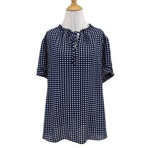 Tamara H. Blouse Womens 2X Plus Navy White Check Cuffed Short Sleeve Tie Front